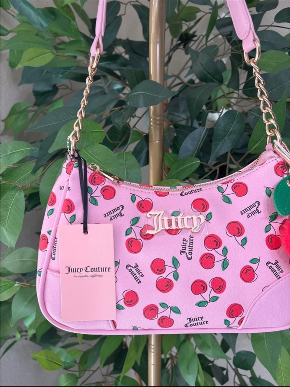 Juicy Couture Cherry Girl Pink Cherry Print Shoulder Bag with Pom Pom - Picture 3 of 7